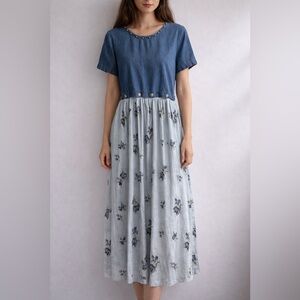 Vintage Blue Denim Floral Maxi Dress
